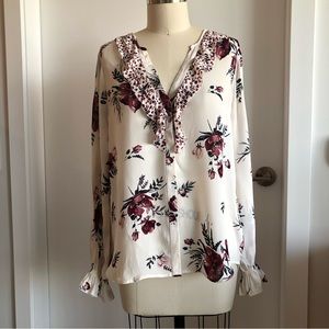 Joie Ruffle V neck Floral Print Silk Button up Shirt